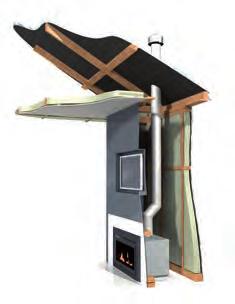 Two flexible pipes run from the fireplace to the fan unit; one removing spent combustion air from the fireplace, the other