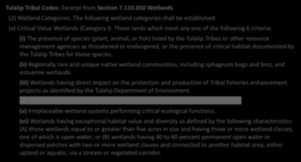 Incorporation of Cultural Values and Traditional Knowledge in Other Tulalip Programs Acquisition Restoration Regulation Tulalip Tribal Codes; Excerpt from Section 7.110.