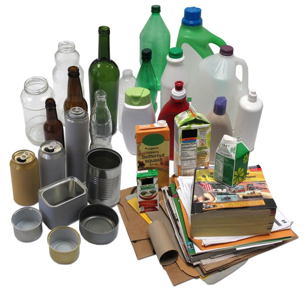 PlasNc bobles & jugs Glass bobles & jars Aluminum & steel cans Paper Magazines, newspaper, paperboard,