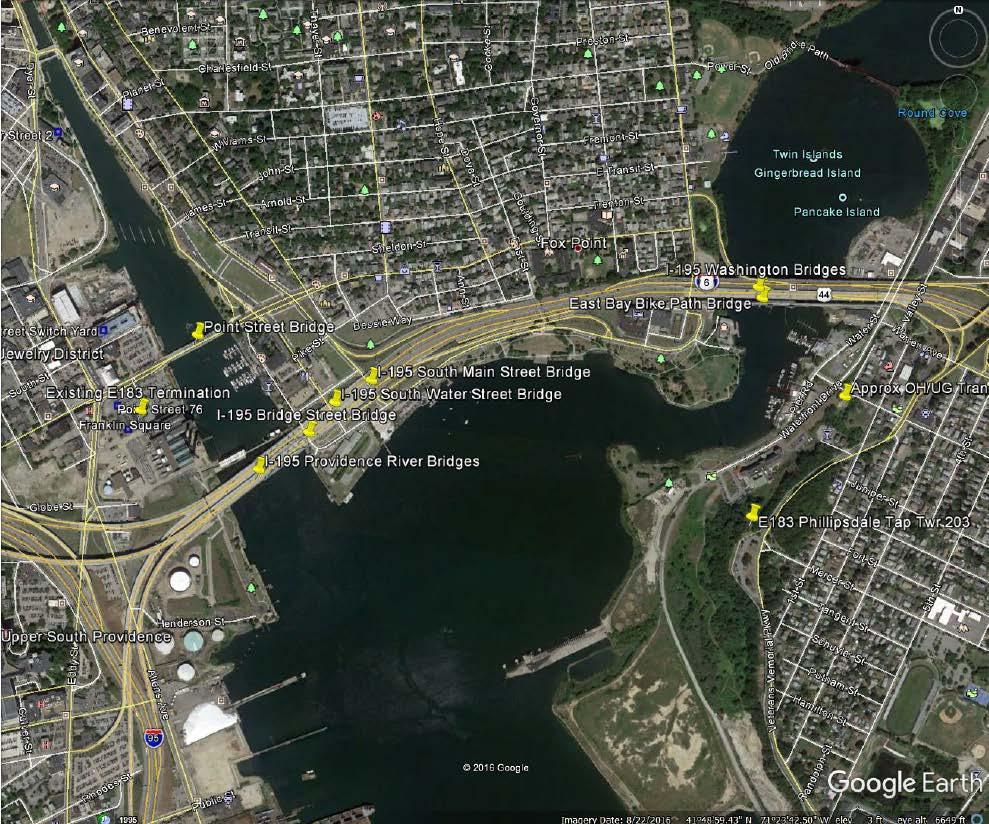Discussion Figure 1 shows the bridges that were evaluated for attachment of the 115 kv electrical circuit. There are two (I-195 East and West bound) bridges across the Providence River (item 1 above).
