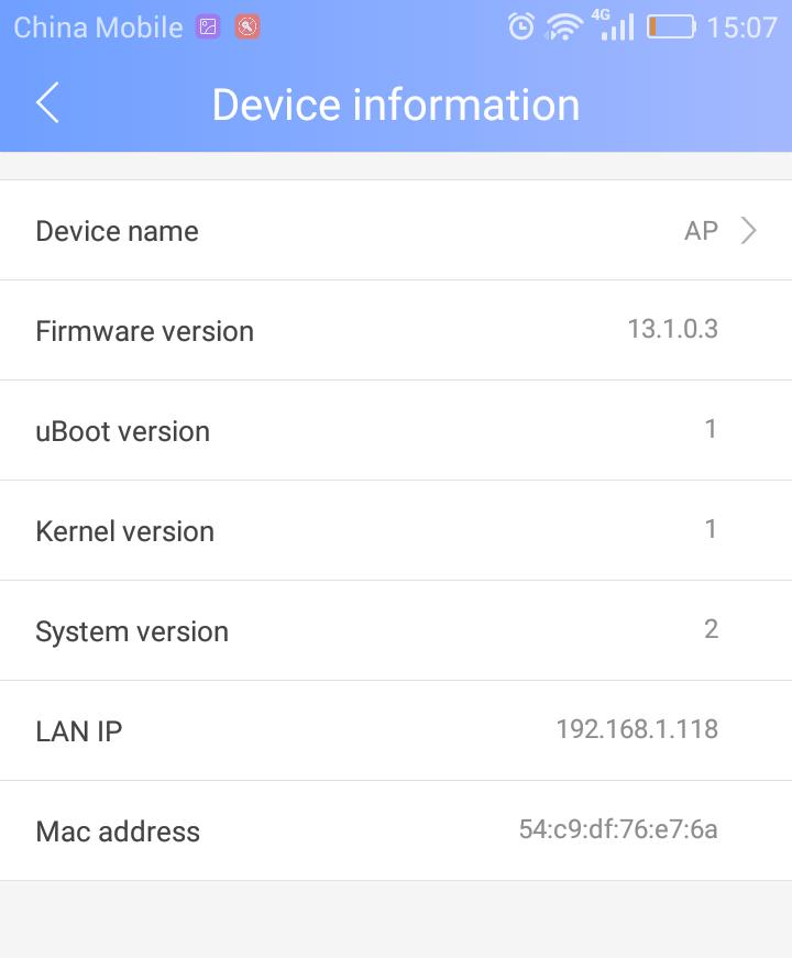 VI. Settings Device information: Information about device name, firmware version, LAN IP, Mac address can be checked, details please see