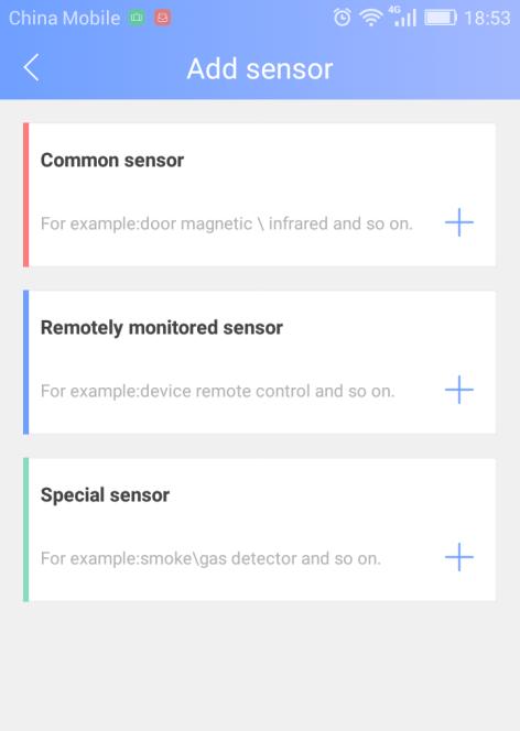 Adding methods :click + in add sensor interface confirm trigger sensor add successfully. Using case: switch on receive alarm prompt in alarm settings after add sensor successfully.