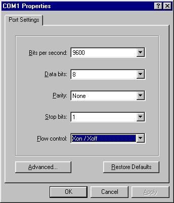 When the COM1 Properties dialog box appears, configure the Port Settings as shown below and click OK.