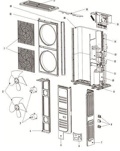 1.Grill 8. Small clasp handle 15. Electronic control box component 2.Fan blade 9.Bottom plate 16. Back left support connect plate 3.Fan motor 10.Compressor 17.Top cover 4.motor bracket 11.