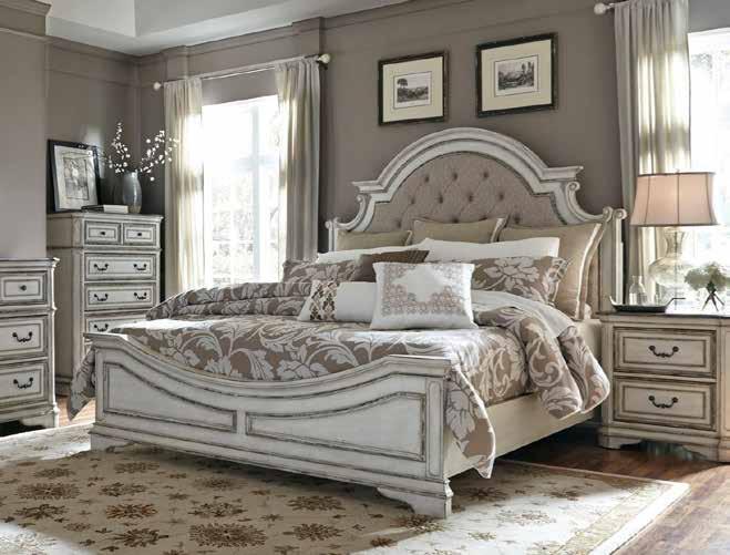 99 Beaumont Queen Bed Pebble brown finish with upholstered inset headboard and padded footboard. Also available as all wood.