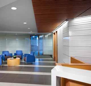 Offices are on the interior with open office areas adjacent to windows with low panels to allow natural light to penetrate the space. Materials are low VOC.
