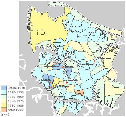 According to Figure 2-2, the number of buildings density on Ghent and North Ghent is high relatively by 52.5[building/ha], and the densities on Norvella Heights and Azalea Acres are low denser by 13.