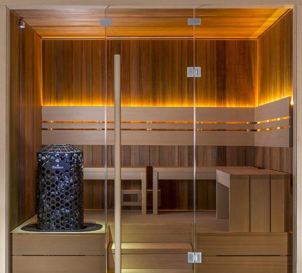 6 D x 7 W Deco sauna; lighting in backrest, optional smoked glass heater surround/bench insert. DECO Deco takes the art of interior sauna design to new heights.