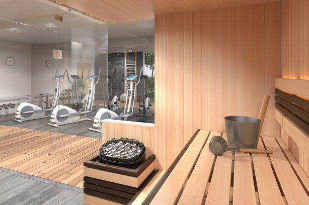Custom interior with Vena heater; glass front with open view to fitness area.