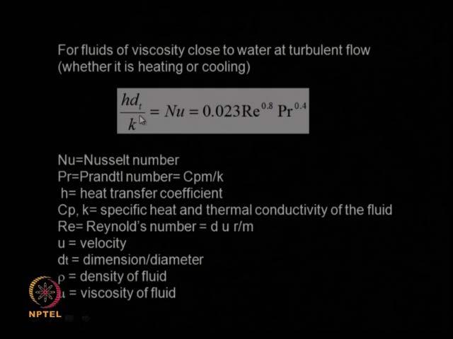 (Refer Slide Time: 46:38) So, if you have fluids of viscosity close to water so when you are using such a fluid at turbulent condition, you can use this type of relationship for calculating heat