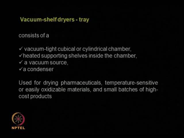 (Refer Slide Time: 07:03) Let us look at vacuum shelf dryers or it also called tray dryers so you have a shelf and you have many trays inside, is a shelf could be a cubical or cylindrical chamber, it