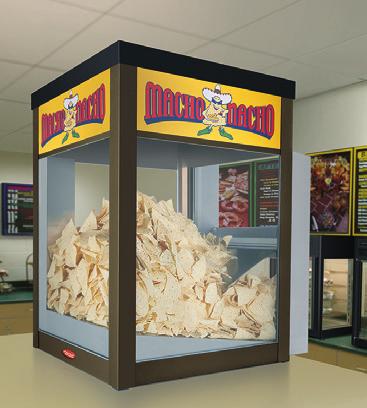 Keeps chips hot, fresh and crisp longer, reducing refill time and minimizing waste Specialty cabinets to hold and/or merchandise bulk nacho chips Special ductwork forces dry heat through chips from