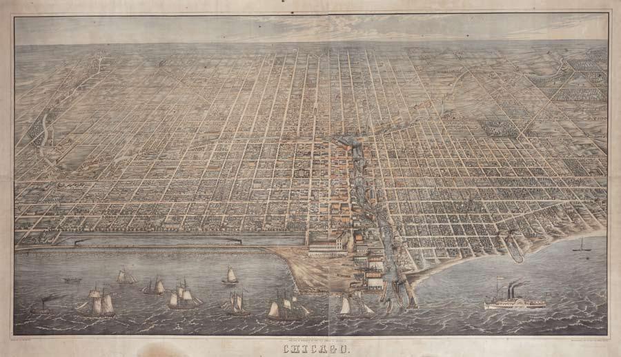 4.24 In 1857, a pre-fire Birds-Eye View of Chicago shows the Illinois Central Railroad along the lakefront. Its trestles define the shore solely as a railway corridor.