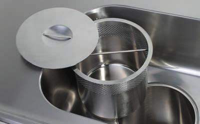 Supplied with removable perforated stainless steel strainer basket, close fitting cover with recessed handle, fitted with sound deadening pads and integral earth tag.