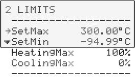 Menu functions 9.8. Limits The >Limits< menu allows the minimum and maximum values to be set for all important setting ranges and capacity variables.