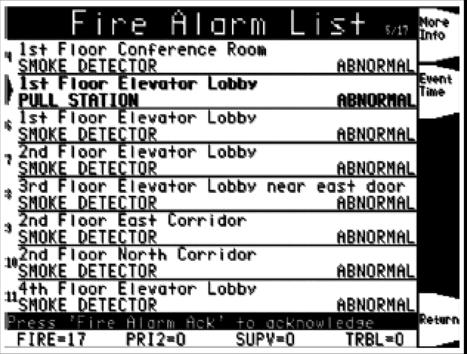 Acknowledging an Alarm, continued How the FACP Indicates that an Alarm has Occurred - Direct to Alarm List: The alarm list displays all devices that have reported an abnormal condition since the last