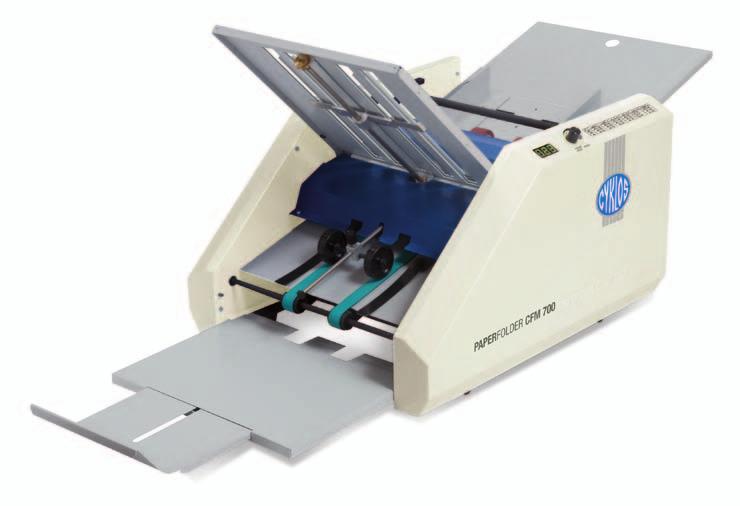 Paper folder CFM 700 Following on from the CFM 600 with more advanced features including conveyor belt stacking of paper for neater paper reception, counter unit, perforating wheels and creasing