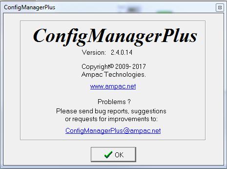 About Displays the following screen giving the user the Version of ConfigManager PLUS
