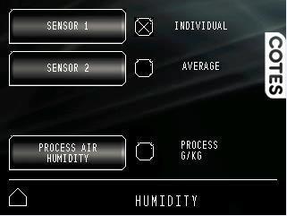 COTES C35E/C35D OPERATING AND SERVICE HANDBOOK page 37/101 HUMIDITY menu What you see: SENSOR 1. This button is only shown when a sensor is connected.