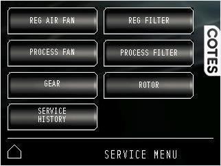 COTES C35E/C35D OPERATING AND SERVICE HANDBOOK page 51/101 SERVICE menu What you see: REGENERATION AIR FAN PROCESS AIR FAN GEAR REGENERATION AIR FILTER PROCESS AIR FILTER ROTOR SERVICE HISTORY Return