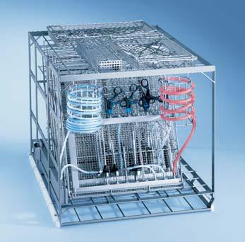 Mobile units for MIS instruments E 909 Basket TA Modular system for 1 2 MIS-Sets 26 connectors for hollow instruments in 2 inserts with integrated jets/adapters Level 1 3 free to take mesh trays, eg.