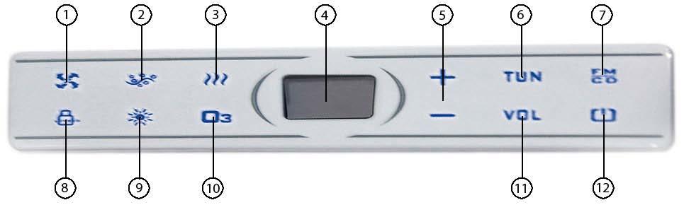 Using the touch screen Operating the Touch Display 1. Main switch on/off 2. Air pump on/off 3. Heater on/off 4. Display 5. Adjustment possibilities temperature, radio volume, frequency 6.