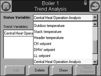 833-3577 CB-FALCON SYSTEM OPERATOR INTERFACE Fig. 93. Trend analysis menu page. Each status variable displayed in the trend analysis is represented by a different colored line, as follows: 1.