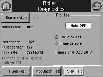 This screen enables the user to perform the following tests: Modulation Test: enables the user to verify that the burner is firing at the correct rate. See Fig. 104.