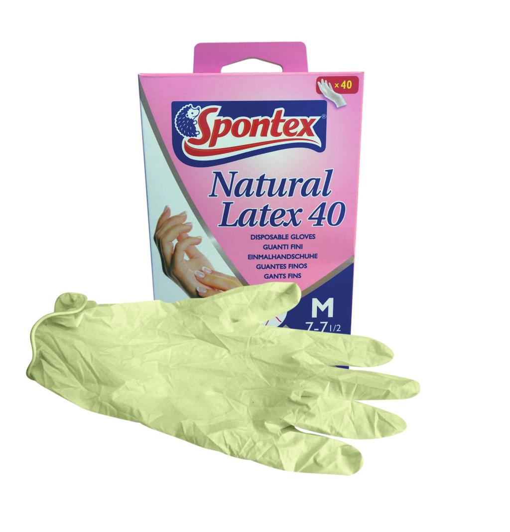 NATURAL LATEX DISPOSABLE GLOVES 40 S Extra flexible disposable gloves that guarantee optimal freedom of movement Lightly powdered making them easier to get on and off Fits either hand For domestic