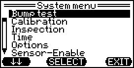 SYSTEM MENU GENERAL SETTINGS SELECTING SYSTEM IN THE SYSTEM MENU, FOLLOWING READING IS DISPLAYED: BUMP TEST DATE AND INTERVAL - BUMP TEST (STATUS, DATE OF LAST AND NEXT BUMP TEST, INTERVAL) -