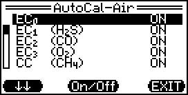 INDICATOR BEING CRAMPED (ON) OR (OFF) SENSOR NOT AVAILABLE. SIMULATES HOW POSSIBLE SENSORS WOULD REACT. THE DISPLAY - - - DISCONTINUES. PREVAILS EVEN FOR MENUS AUTOCAL-AIR AND AUTOCAL-GAS.