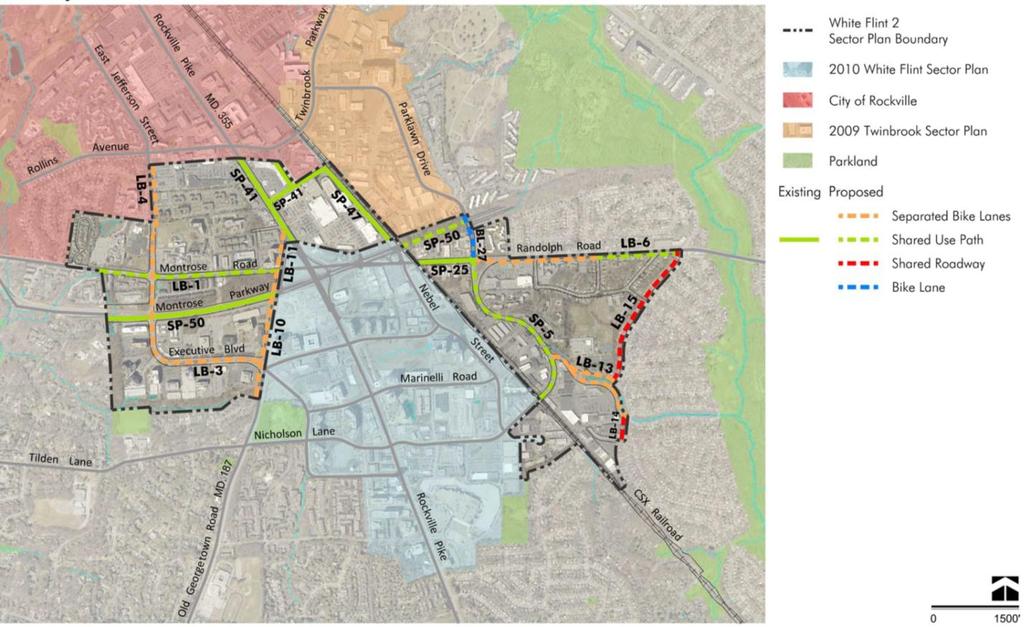 Expand bikeshare infrastructure into the Plan area concurrently with the introduction of bikeshare to the 2010 White Flint Sector Plan area.