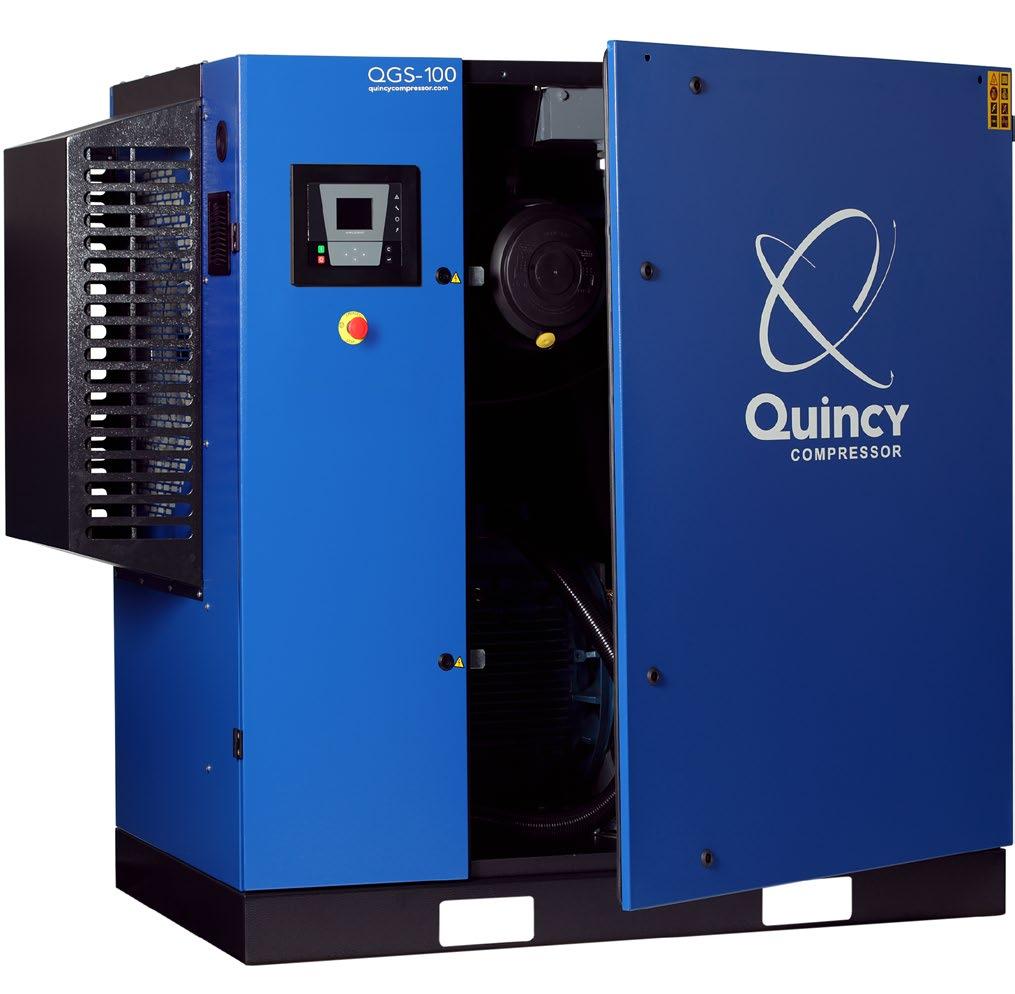 compared to belt driven units Energy consumption reduced over 3% compared to belt drive air compressors 5-year True Blue warranty Quincy backs the QGS with a 5-year True Blue warranty on major