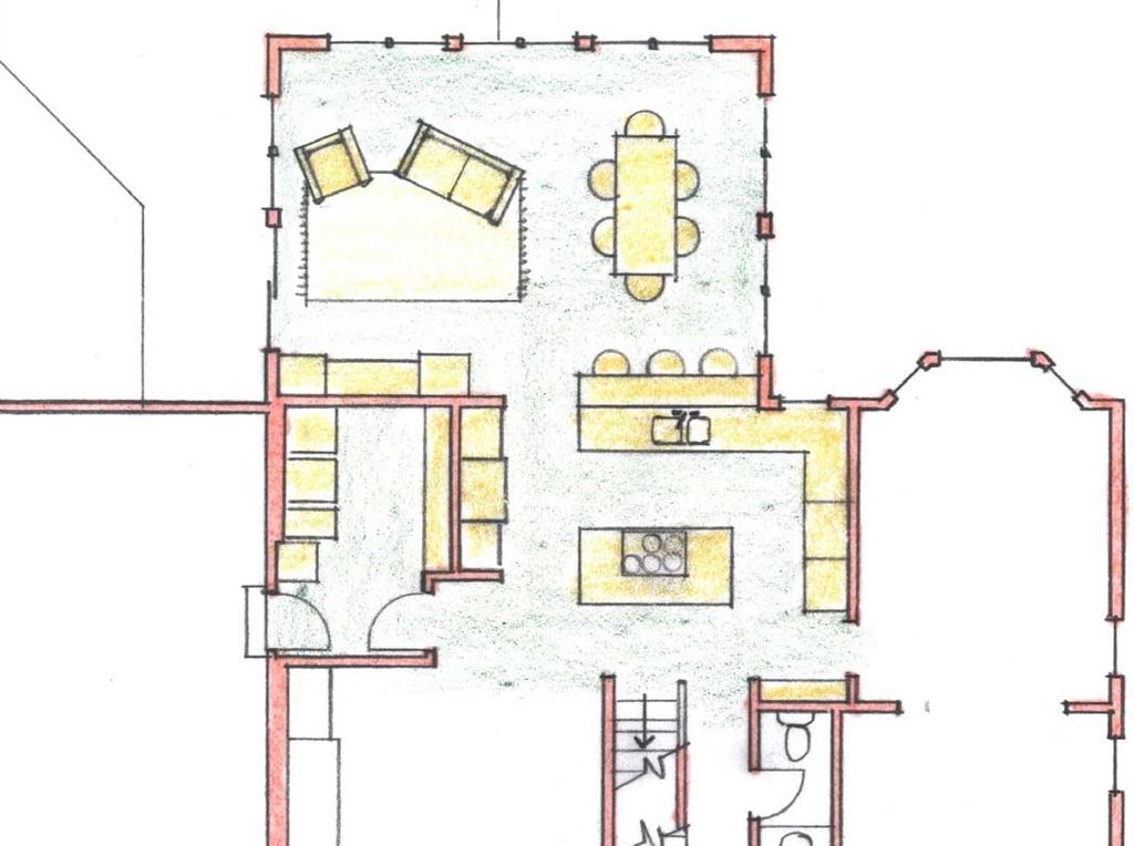 Floor Plan: AFTER FAM RM/BRKST Entertainment center Wide open view to backyard woods Custom cubbies MUDRM LAUNDRY KITCHEN Custom crafted soffit and hood over island Open up top of stairs to basement