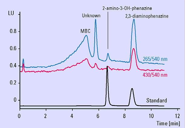 An excitation wavelength at 265 nm was used for taking the emission spectrum and an emission wavelength at 540 nm was used for taking the excitation spectrum.