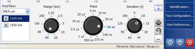 Testing Fibers 9. Select the desired distance range, pulse, and time values. For more information, see Setting Distance Range, Pulse Width, and Acquisition Time on page 64.