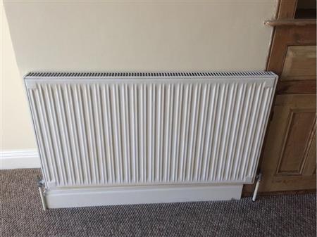 Heating (Reception room 2) White wall mounted radiator.