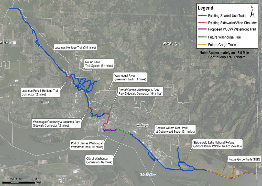 1-mile Washougal River Greenway Trail that crosses the Washougal River, tie into a 6-mile network at Lacamas Park, and continue along the