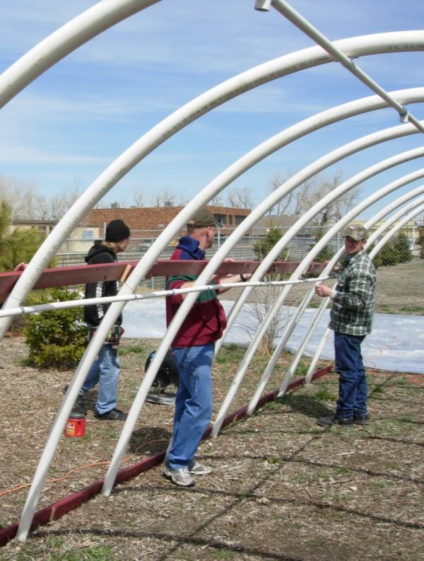 INSTALLING TUBULAR BRACES There are 3 tubular braces running the length of the inside of the Hoop House that will be used for stability and also for irrigation.