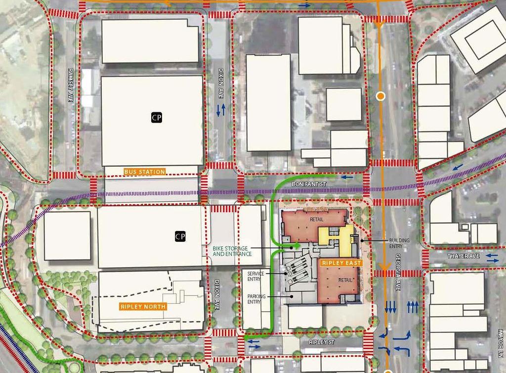 Pedestrian and bicycle access to the Property will be provided along the property s Georgia Avenue and Bonifant Street frontages (Figure 11).