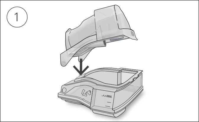 To reassemble the humidifier lid: 1. Insert one side of the lid into the pivot hole of the base. 2. Slide the other side down the ridge until it clicks into place.
