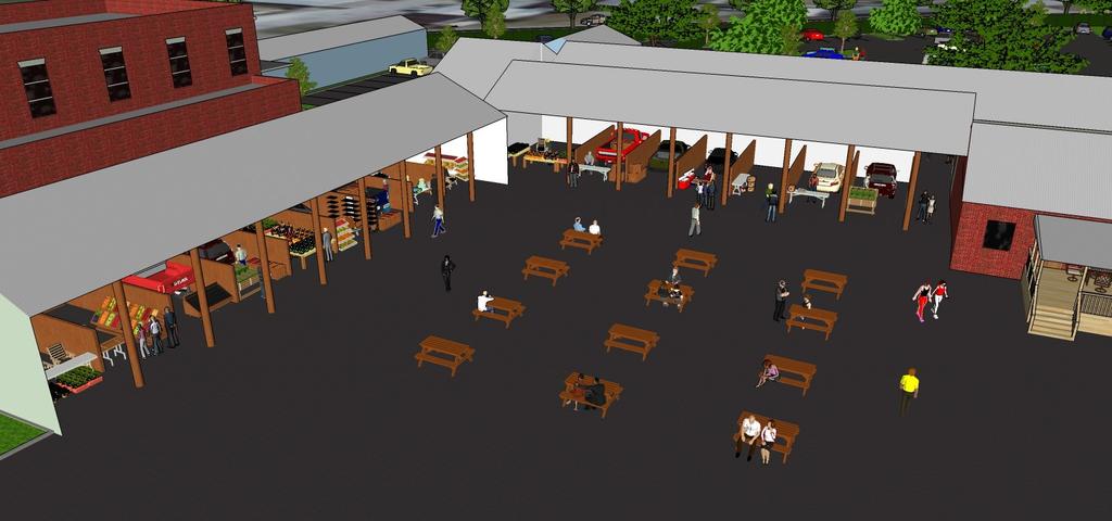 16+ covered booths in the rear rows accommodate vehicles or trailers as well as goods and surround a common space with a flexible area for