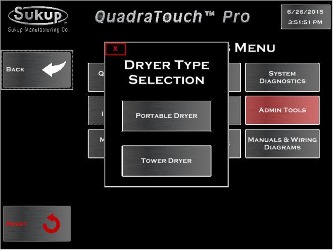 Your system should be factory-preset for your specific dryer, but if needed, you can select that here. The QuadraTouch Pro needs to be restarted when changing this setting.