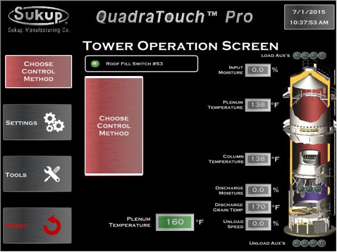 Choosing Control Method In Tower Operation, you will first choose the control method (automatic or manual). The control method can be changed by pressing either of the two red rectangles.