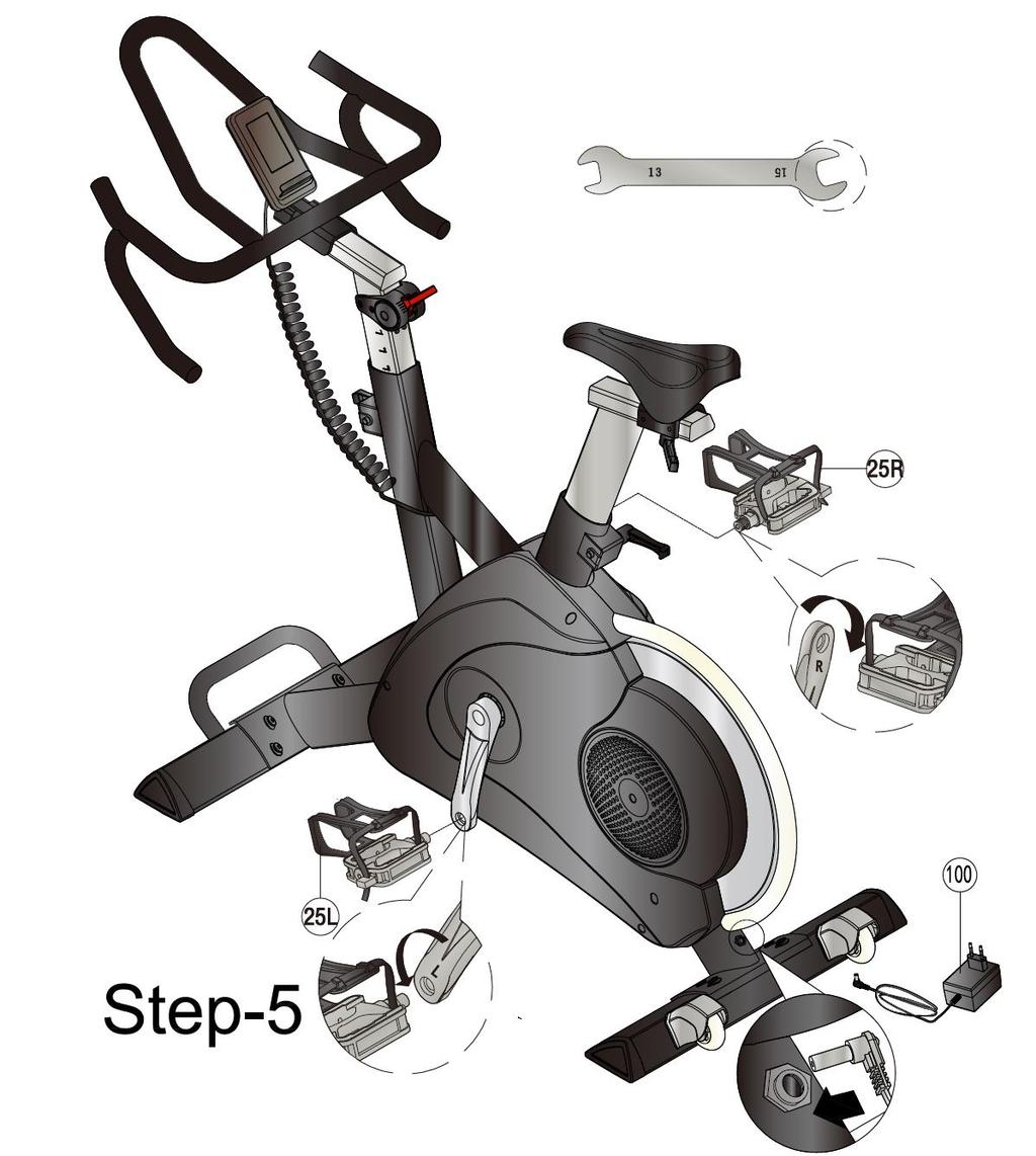 STEP 5 1) Assemble the left pedal(25l) onto left crank by anti-clockwise, and fix the right