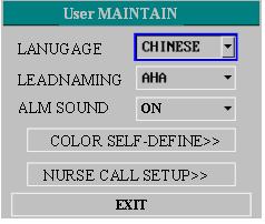 The option depends on the configuration of the user. Lead naming style: Select AHA or EURO. Please refer to the related content in ECG/RESP monitor for the detailed difference between the two styles.
