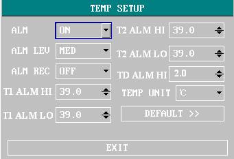 Picture 10-1 TEMP setting Menu u Alarm switch: if selecting On, alarm prompt and storing will be performed in case of TEMP alarm; if selecting Off, there will be no alarm given, and the prompt of