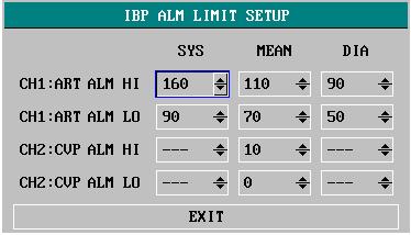 The items to be set up in the menu include: ALM: Select ON to enable alarm prompt and data storage during IBP alarm. Select OFF to disable audio alarm and prompt the symbol beside IBP numeric.