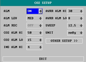 Picture 0-11 CO 2 Setup Menu Following functions can be realized via CO2 SETUP menu. ALM: select ON to enable and store alarm prompt when CO2 parameters have alarms.