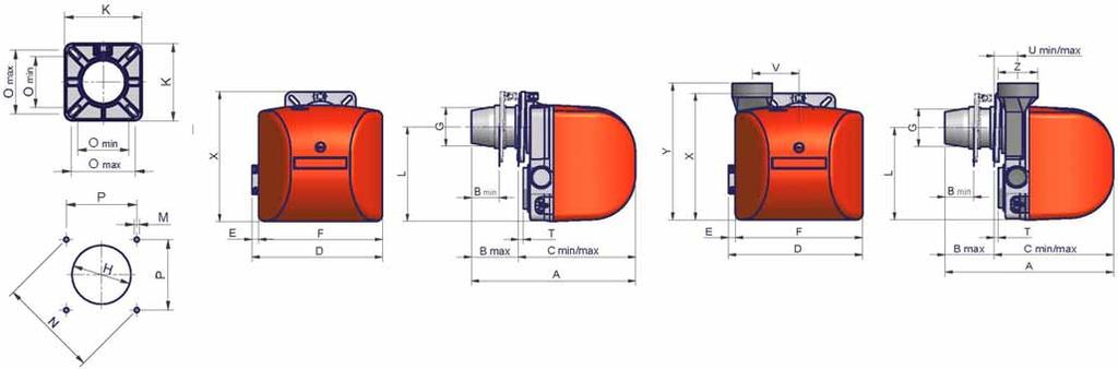 Overall dimensions Standard version Version with external air inlet 8 Boiler plate drilling template CIB UNIGAS - M039116E A B C D E F G H K L M N O P T U U V X Y Z min. max.